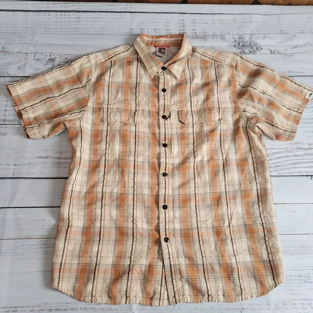 The North Face Shirt Mens M Brown Plaid Hiking Short Sleeve Seersucker Button Up